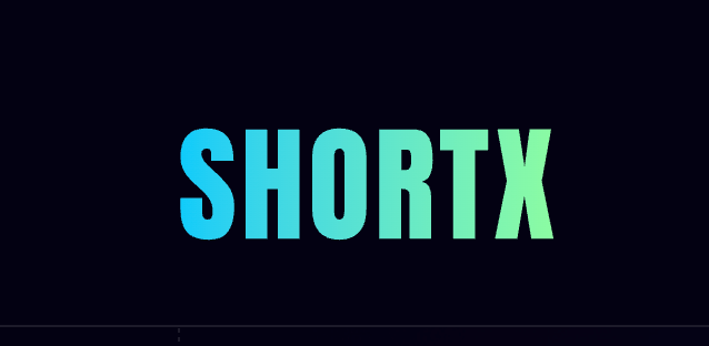 The Word &Quot;Shortx&Quot; In Bold, Capitalized Letters With A Gradient From Teal To Blue, Set Against A Black Background.